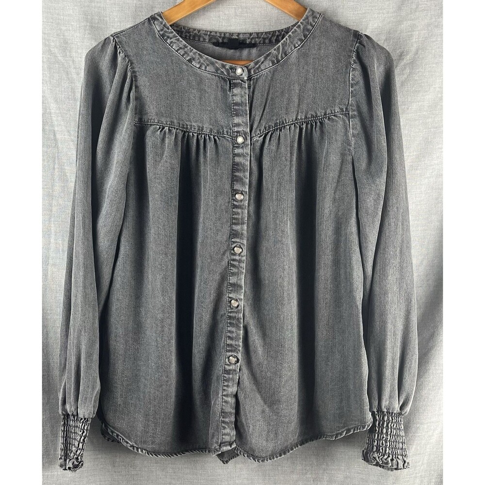 Jane + Delancey Pearl Button Up Shirt Size M Grey Long Puff Sleeve Elastic Cuff